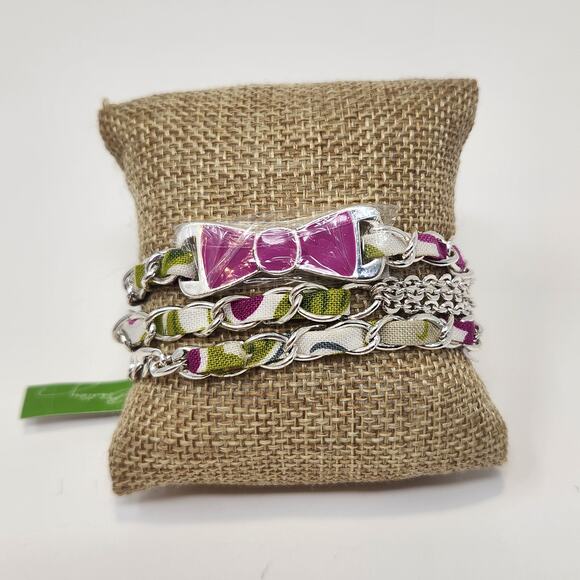 Vera Bradley Julep Tulip Cord Silver Tone Chain Wrap Bracelet Enamel Pink Bow - Picture 1 of 5